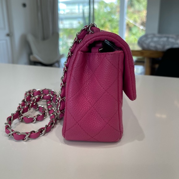 SOLD🚫AUTHENTIC Chanel Hot Pink Caviar Mini Rectangular Flap SHW - Picture 5 of 17